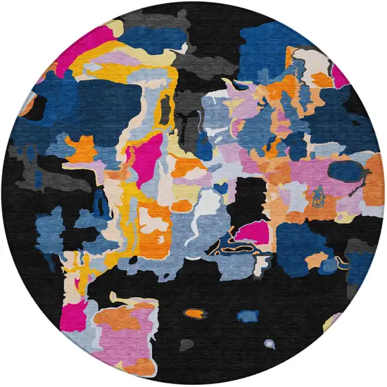 8' Black Blue And Pink Round Abstract Washable Indoor Outdoor Area Rug Photo 5