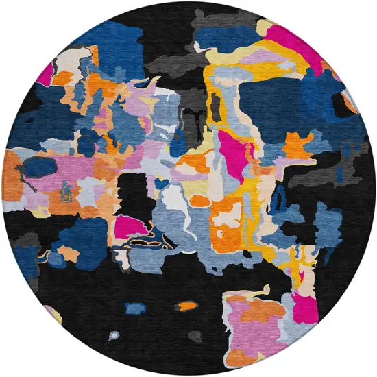 8' Black Blue And Pink Round Abstract Washable Indoor Outdoor Area Rug Photo 2