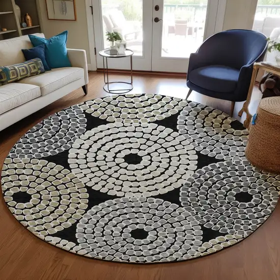 8' Black Gray And Beige Round Geometric Washable Indoor Outdoor Area Rug Photo 8