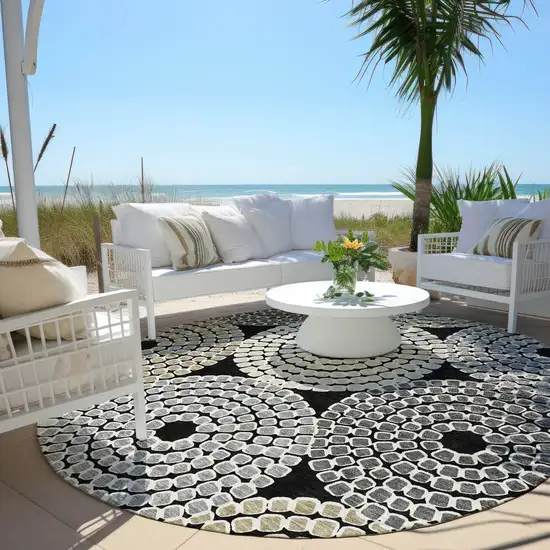 8' Black Gray And Beige Round Geometric Washable Indoor Outdoor Area Rug Photo 7