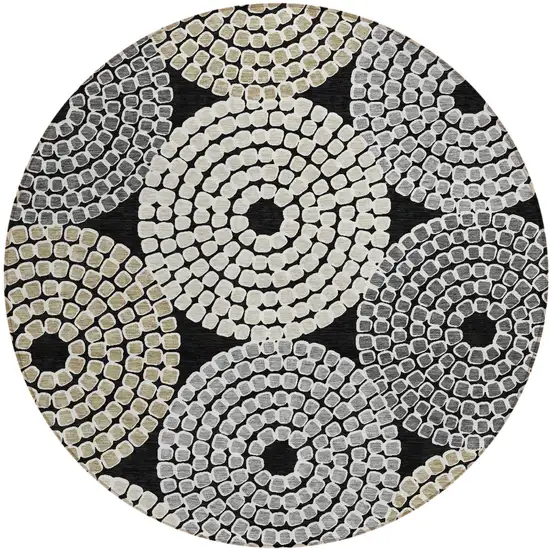 8' Black Gray And Beige Round Geometric Washable Indoor Outdoor Area Rug Photo 2