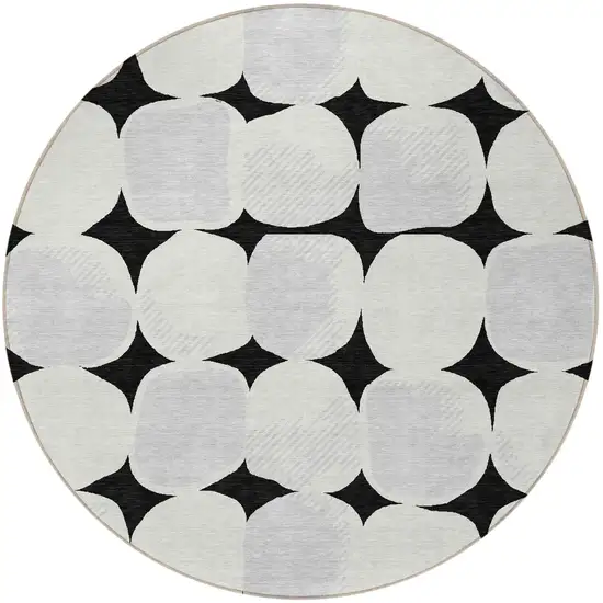 8' Black Gray And Ivory Round Abstract Washable Indoor Outdoor Area Rug Photo 6