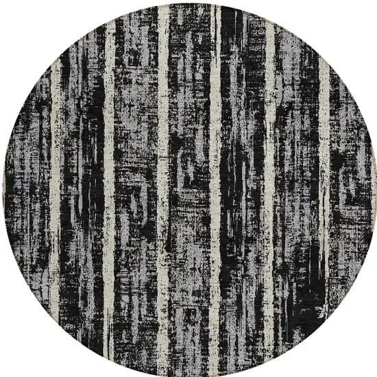 8' Black Gray And Ivory Round Striped Washable Indoor Outdoor Area Rug Photo 5