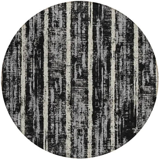 8' Black Gray And Ivory Round Striped Washable Indoor Outdoor Area Rug Photo 2