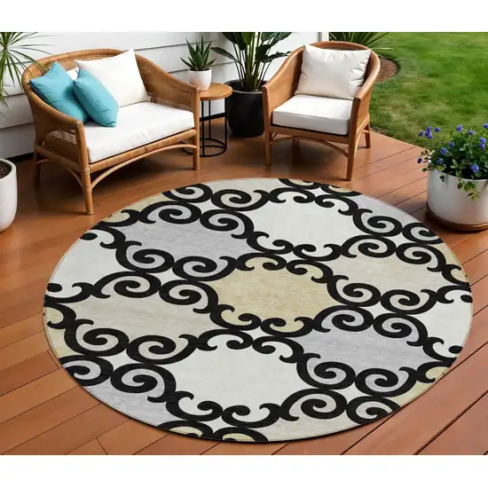 8' Black Gray And Ivory Round Trellis Washable Indoor Outdoor Area Rug Photo 8