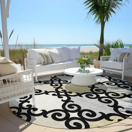 8' Black Gray And Ivory Round Trellis Washable Indoor Outdoor Area Rug Photo 4