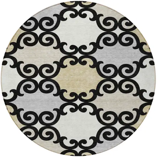8' Black Gray And Ivory Round Trellis Washable Indoor Outdoor Area Rug Photo 3