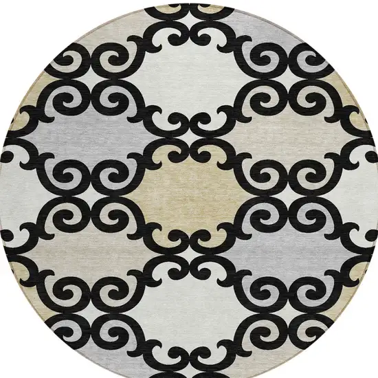 8' Black Gray And Ivory Round Trellis Washable Indoor Outdoor Area Rug Photo 2