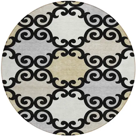 8' Black Gray And Ivory Round Trellis Washable Indoor Outdoor Area Rug Photo 1