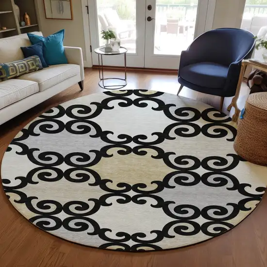 8' Black Gray And Ivory Round Trellis Washable Indoor Outdoor Area Rug Photo 5