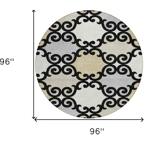 8' Black Gray And Ivory Round Trellis Washable Indoor Outdoor Area Rug Photo 6