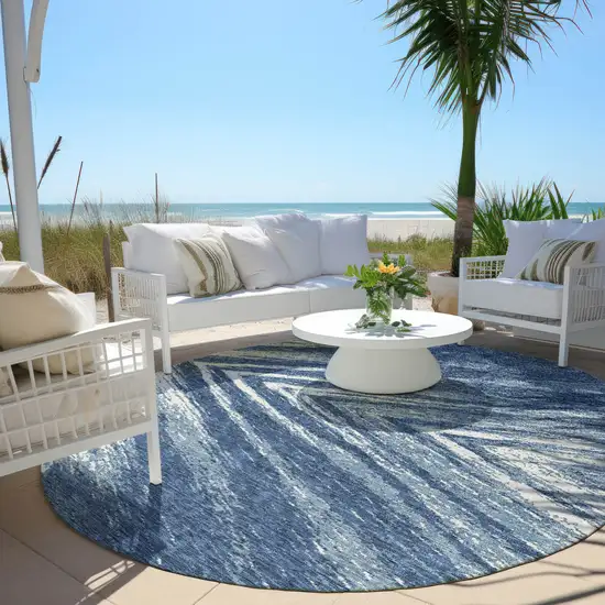 8' Blue And Ivory Round Abstract Washable Indoor Outdoor Area Rug Photo 6