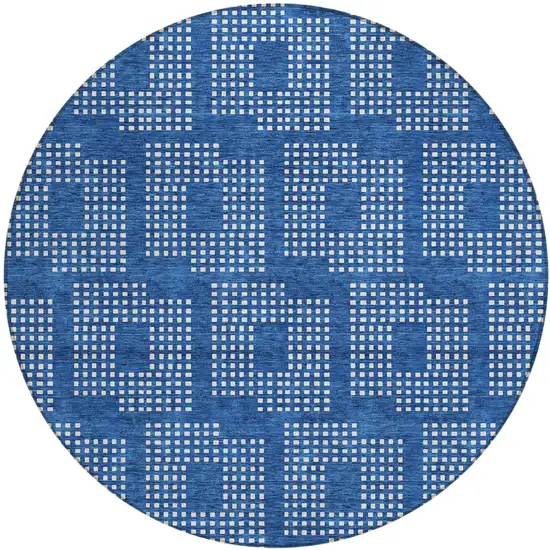 8' Blue And Ivory Round Geometric Washable Indoor Outdoor Area Rug Photo 2