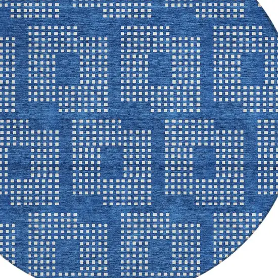 8' Blue And Ivory Round Geometric Washable Indoor Outdoor Area Rug Photo 4