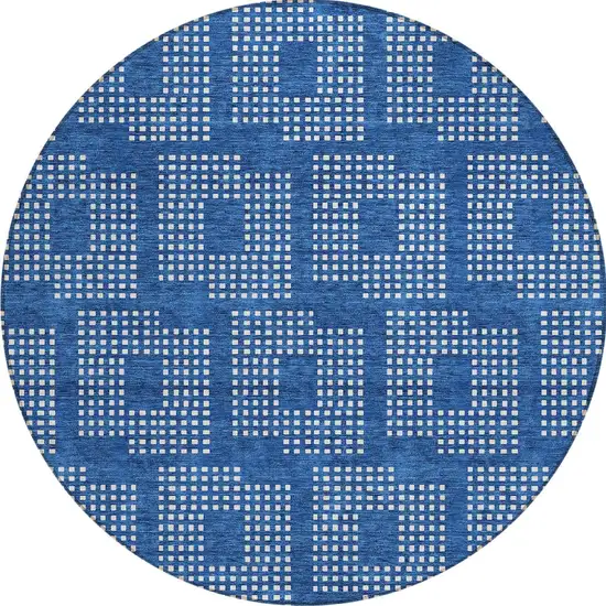 8' Blue And Ivory Round Geometric Washable Indoor Outdoor Area Rug Photo 5