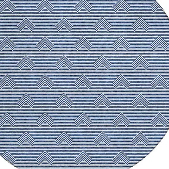 8' Blue And Ivory Round Geometric Washable Indoor Outdoor Area Rug Photo 4