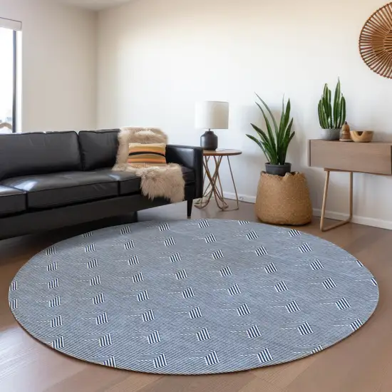 8' Blue And Ivory Round Geometric Washable Indoor Outdoor Area Rug Photo 7