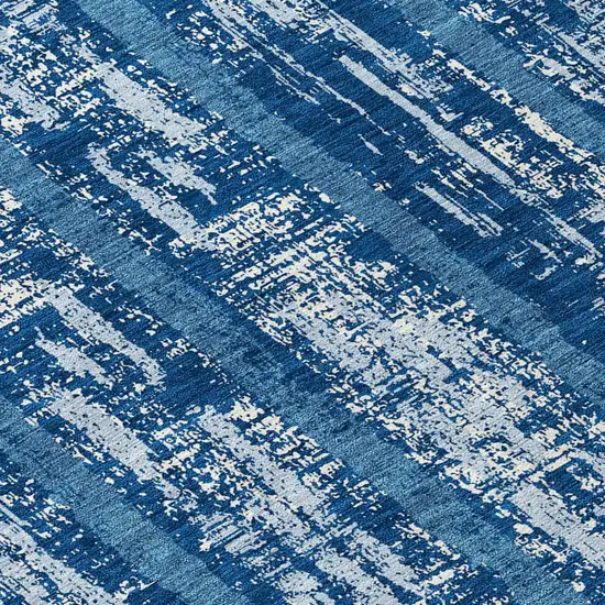 8' Blue And Ivory Round Striped Washable Indoor Outdoor Area Rug Photo 8