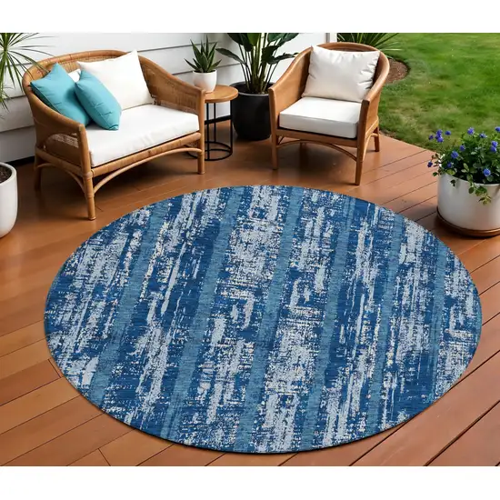 8' Blue And Ivory Round Striped Washable Indoor Outdoor Area Rug Photo 1