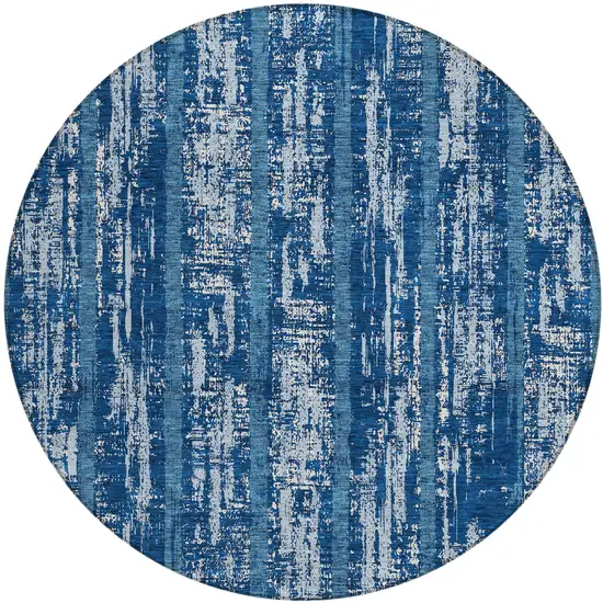 8' Blue And Ivory Round Striped Washable Indoor Outdoor Area Rug Photo 2