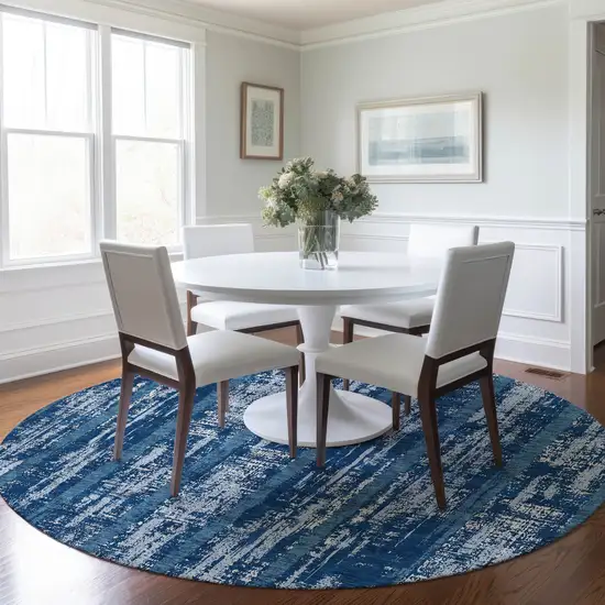 8' Blue And Ivory Round Striped Washable Indoor Outdoor Area Rug Photo 7