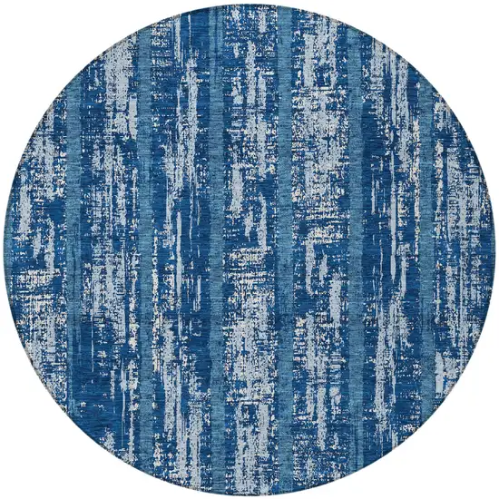 8' Blue And Ivory Round Striped Washable Indoor Outdoor Area Rug Photo 5