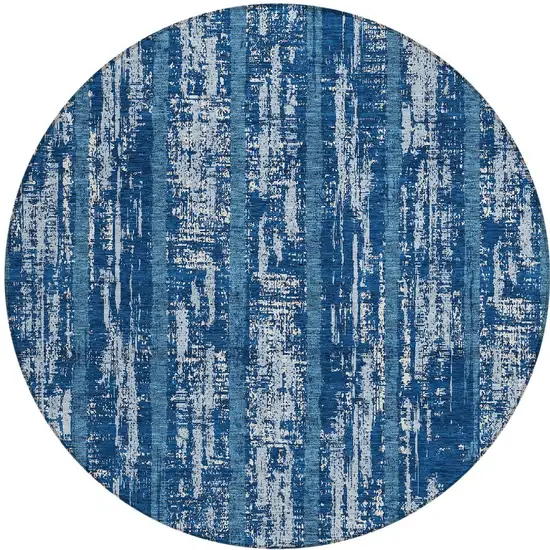 8' Blue And Ivory Round Striped Washable Indoor Outdoor Area Rug Photo 4