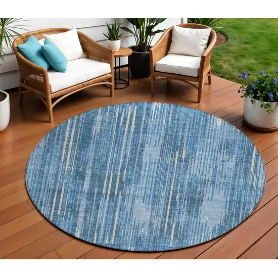 8' Blue And Ivory Round Striped Washable Indoor Outdoor Area Rug Photo 1