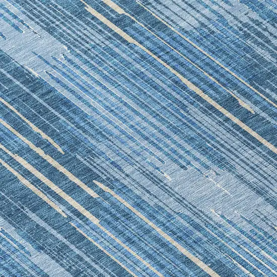 8' Blue And Ivory Round Striped Washable Indoor Outdoor Area Rug Photo 8