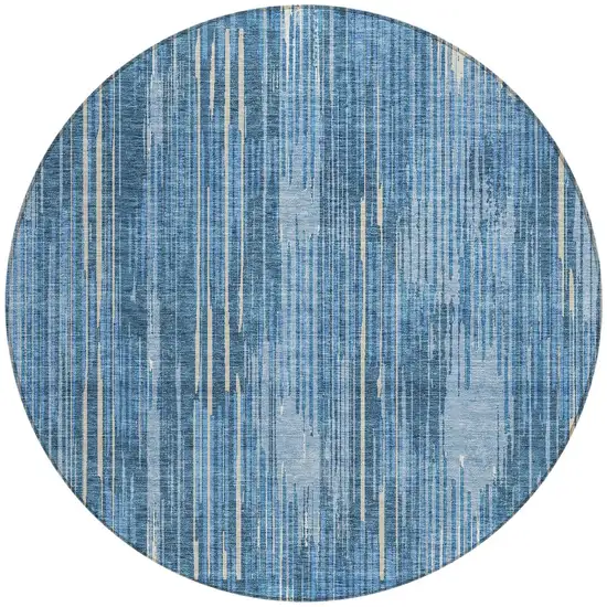 8' Blue And Ivory Round Striped Washable Indoor Outdoor Area Rug Photo 4