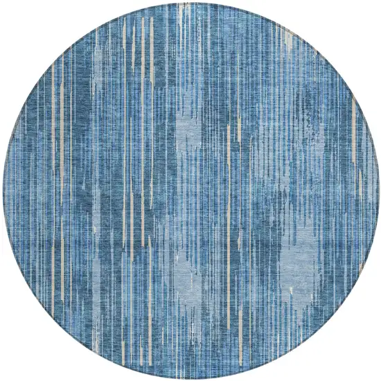 8' Blue And Ivory Round Striped Washable Indoor Outdoor Area Rug Photo 2