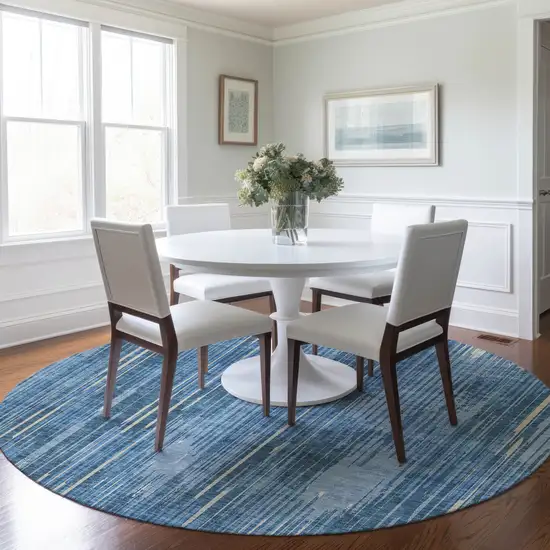 8' Blue And Ivory Round Striped Washable Indoor Outdoor Area Rug Photo 7