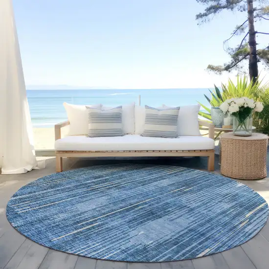 8' Blue And Ivory Round Striped Washable Indoor Outdoor Area Rug Photo 6