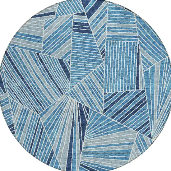 8' Blue And Teal Blue Round Geometric Washable Indoor Outdoor Area Rug Photo 6
