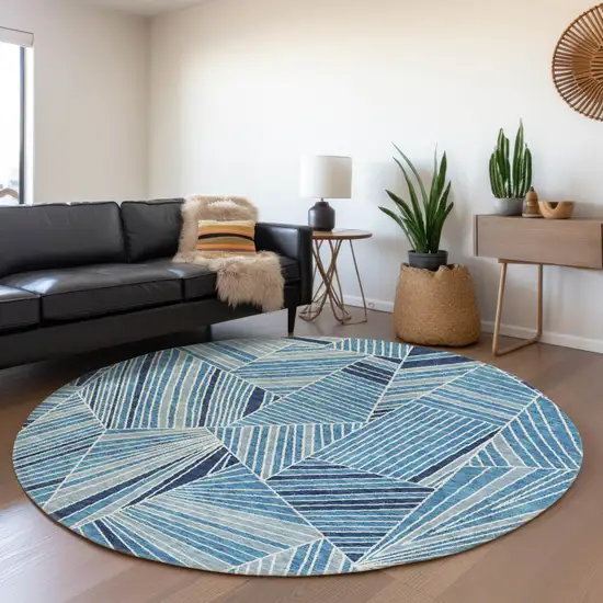 8' Blue And Teal Blue Round Geometric Washable Indoor Outdoor Area Rug Photo 8