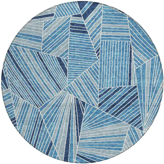 8' Blue And Teal Blue Round Geometric Washable Indoor Outdoor Area Rug Photo 2