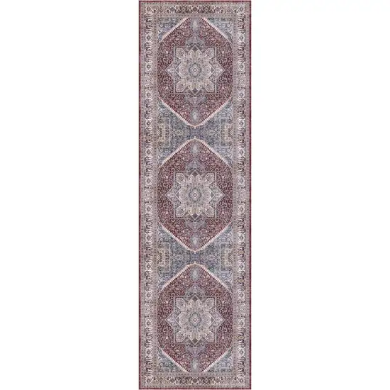 8' Blue and Red Floral Medallion Distressed Non Skid Runner Rug Photo 2