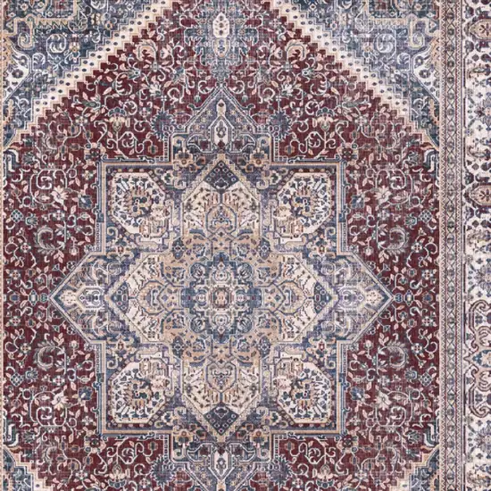 8' Blue and Red Floral Medallion Distressed Non Skid Runner Rug Photo 8