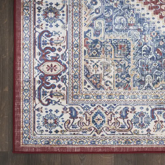 8' Blue and Red Floral Medallion Distressed Non Skid Runner Rug Photo 4