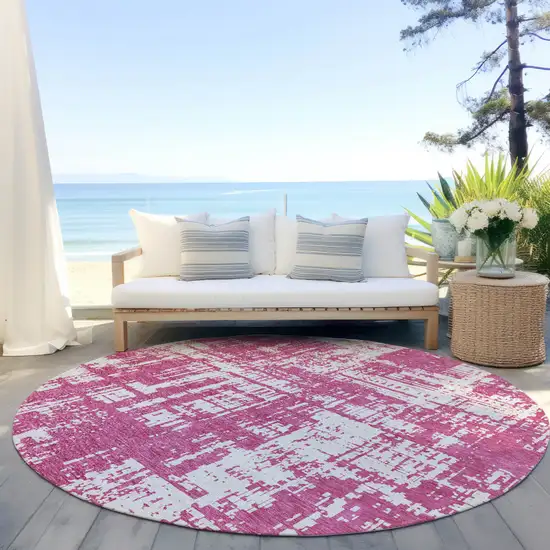 8' Blush And Ivory Round Abstract Washable Indoor Outdoor Area Rug Photo 6