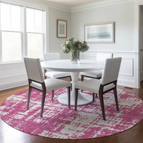 8' Blush And Ivory Round Abstract Washable Indoor Outdoor Area Rug Photo 7