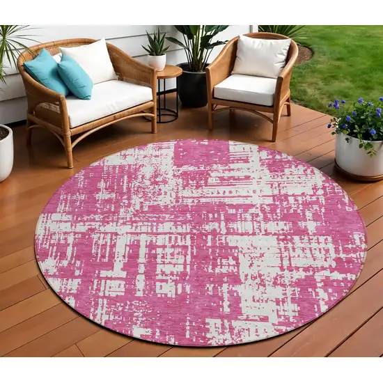 8' Blush And Ivory Round Abstract Washable Indoor Outdoor Area Rug Photo 1