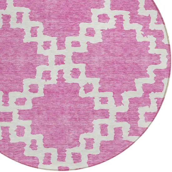 8' Blush And Ivory Round Geometric Washable Indoor Outdoor Area Rug Photo 4