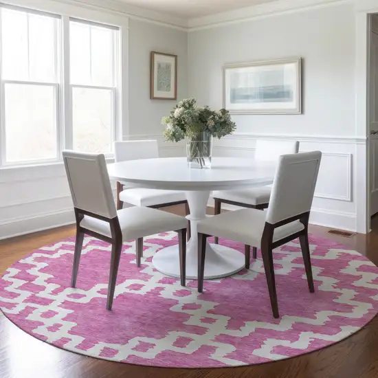 8' Blush And Ivory Round Geometric Washable Indoor Outdoor Area Rug Photo 7