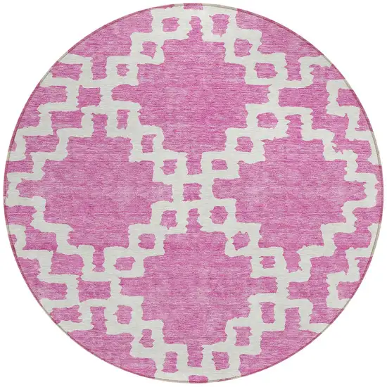8' Blush And Ivory Round Geometric Washable Indoor Outdoor Area Rug Photo 5