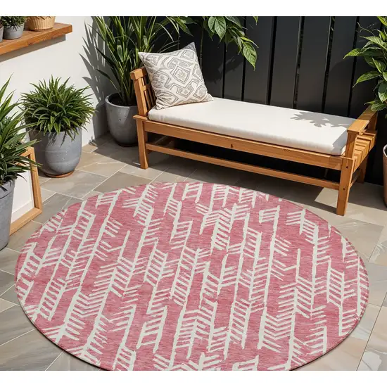 8' Blush And Ivory Round Tribal Washable Indoor Outdoor Area Rug Photo 1