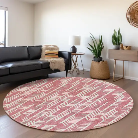 8' Blush And Ivory Round Tribal Washable Indoor Outdoor Area Rug Photo 8