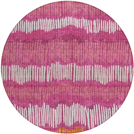 8' Blush Ivory And Brown Round Striped Washable Indoor Outdoor Area Rug Photo 2