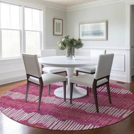 8' Blush Ivory And Brown Round Striped Washable Indoor Outdoor Area Rug Photo 8