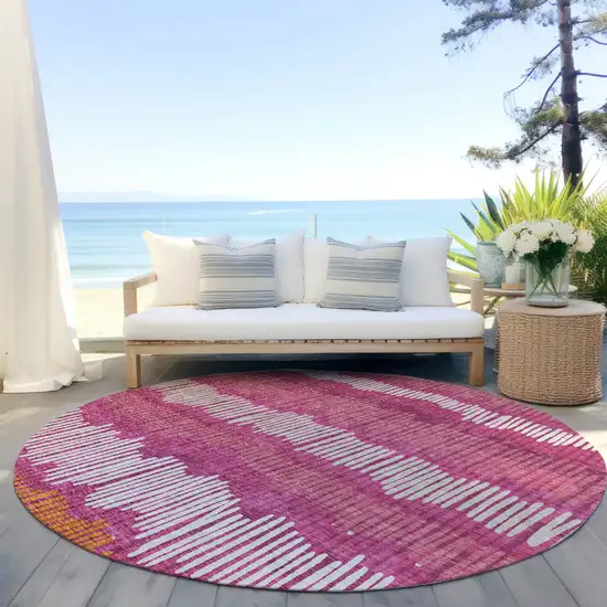 8' Blush Ivory And Brown Round Striped Washable Indoor Outdoor Area Rug Photo 7